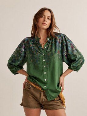 MISSLOOK Women’s Green Floral Boho Blouse 3/4 Sleeve Size S